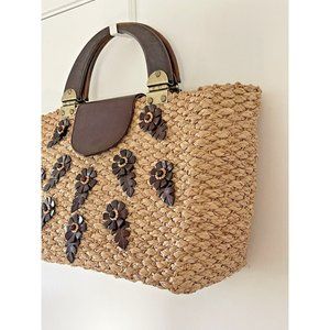 Tocca Natural Straw Wood  Brown Floral Leather Footed Satchel Tote Purse 15 x 19